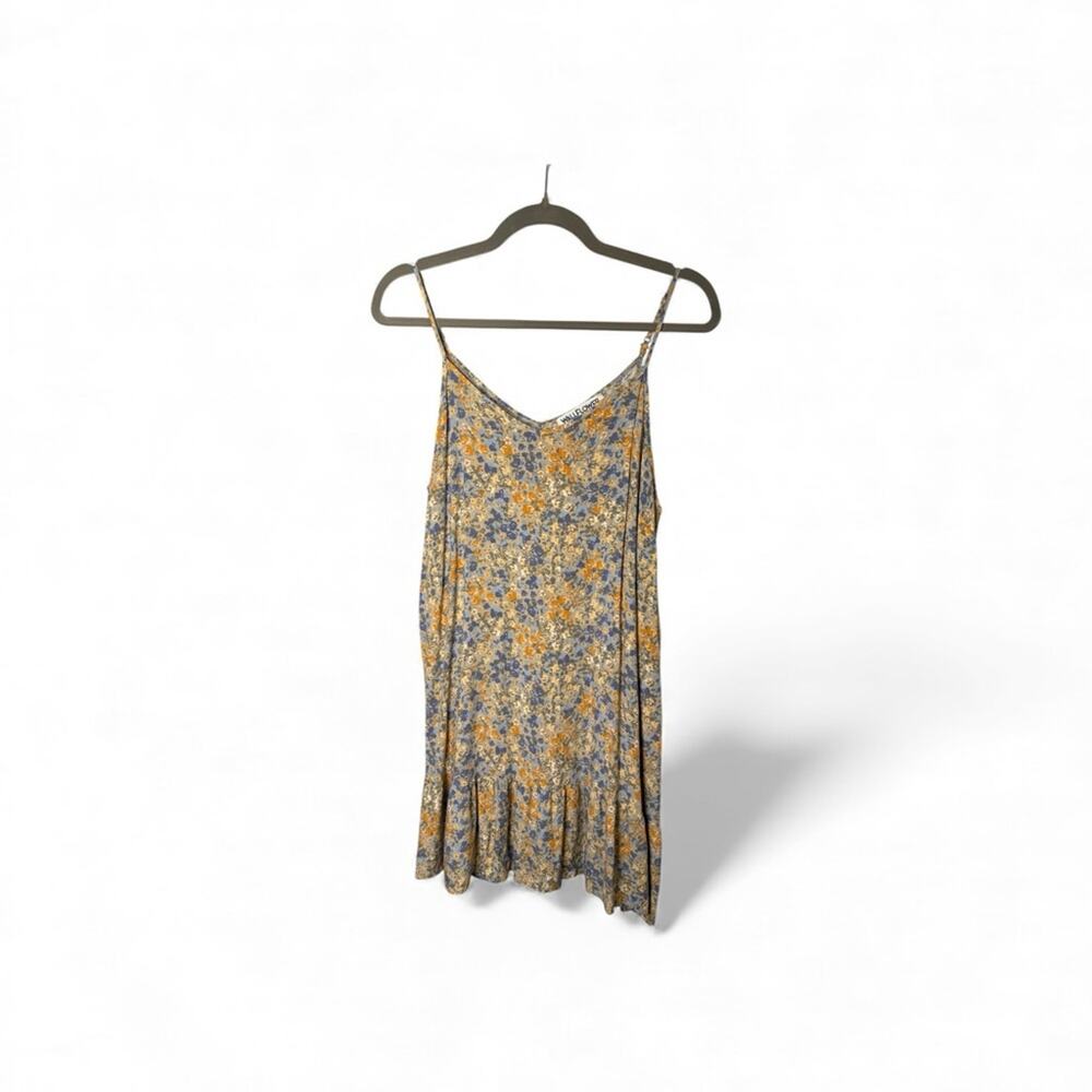 Wallflower Yellow Blue Floral Mini Dress Ruffle Hem Large
